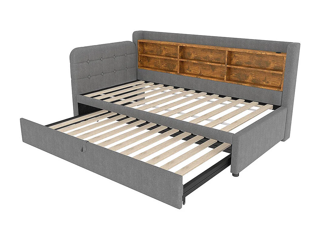 Lit de repos 90x200 cm, canapé-lit gigogne design 180 x 200 cm, USB + Type C, gris