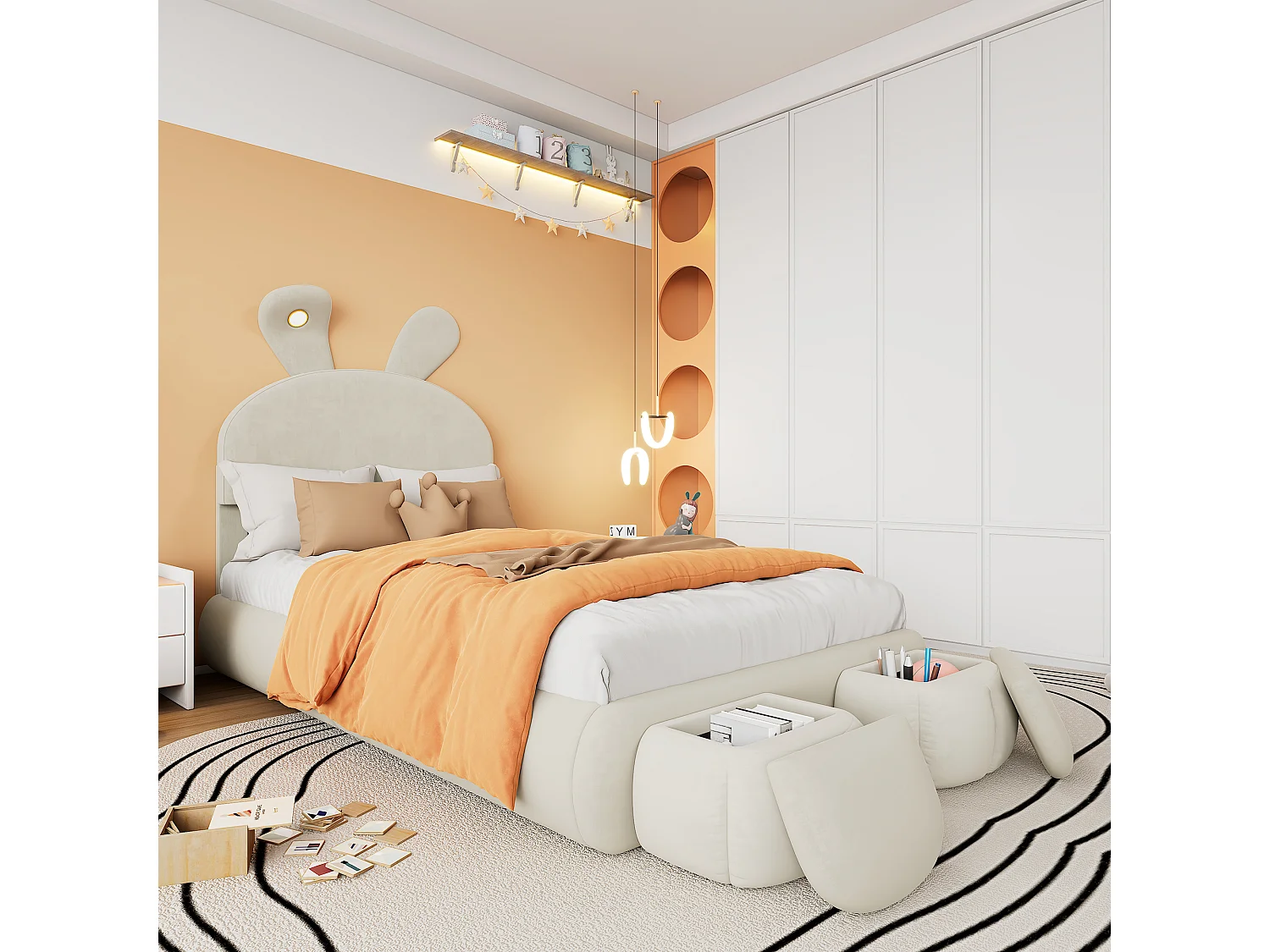 Gestoffeerd bed 90x200cm, met twee opbergstoelen en houten lattenbodem, kinderbed, fluweel, beige, zonder matras