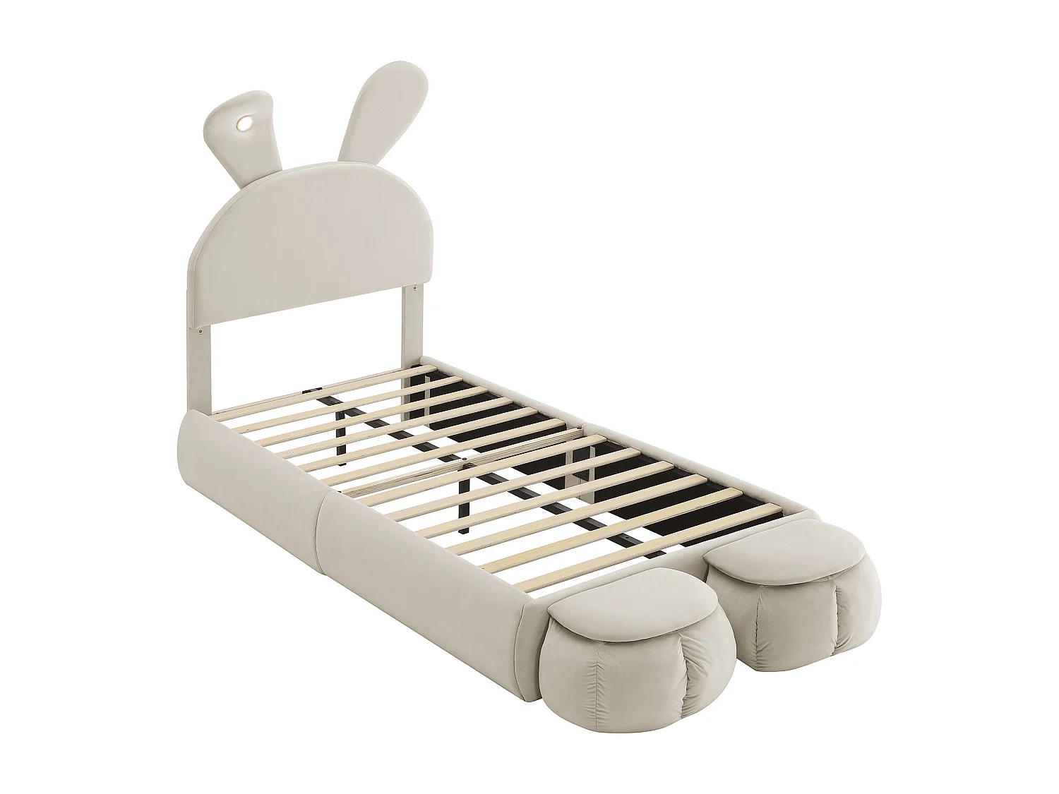 Gestoffeerd bed 90x200cm, met twee opbergstoelen en houten lattenbodem, kinderbed, fluweel, beige, zonder matras