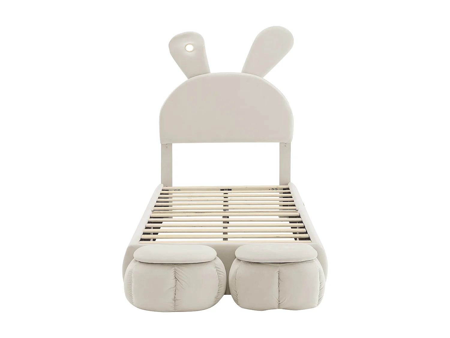 Gestoffeerd bed 90x200cm, met twee opbergstoelen en houten lattenbodem, kinderbed, fluweel, beige, zonder matras