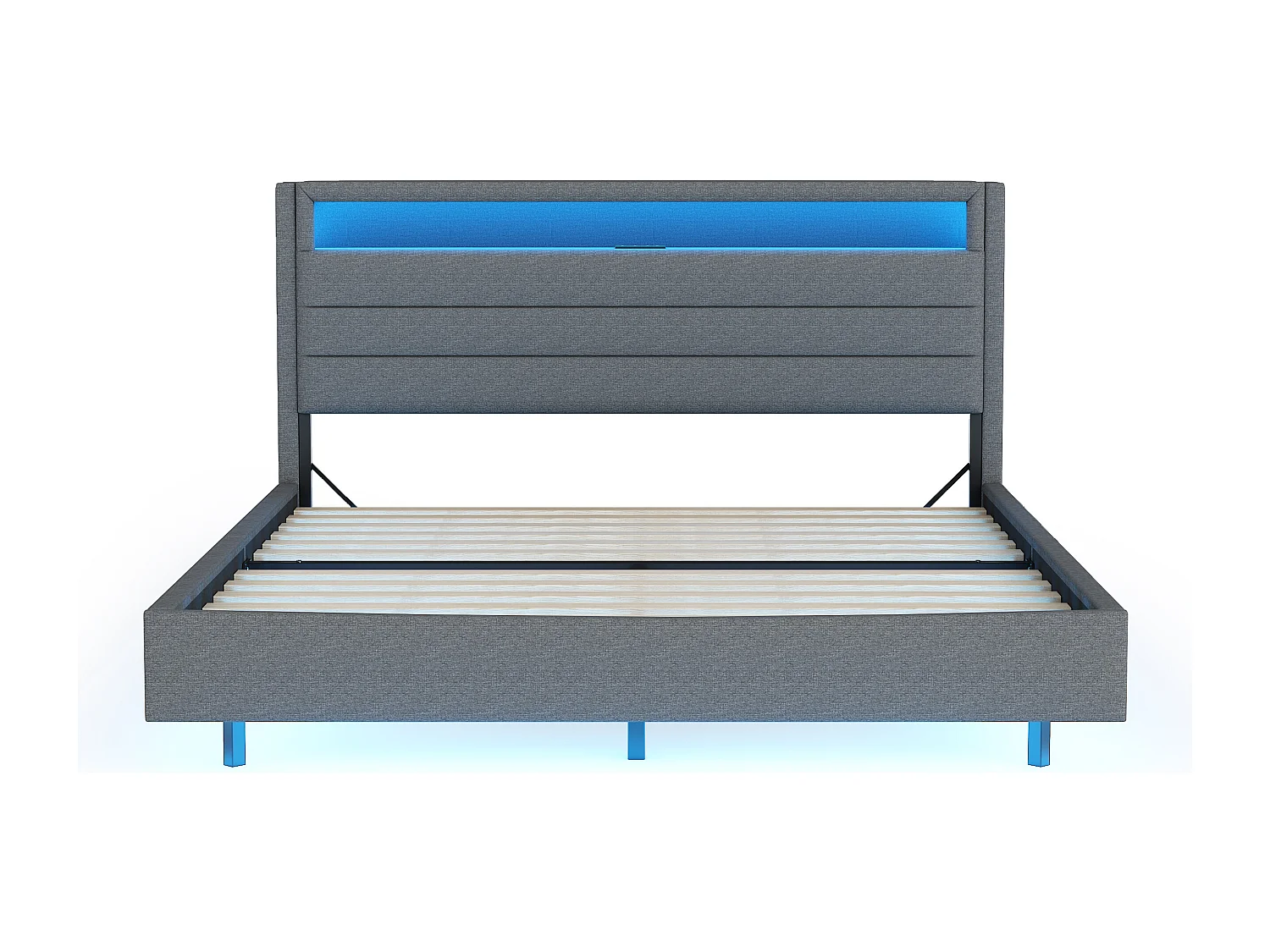 Gestoffeerd bed 140x200cm, met USB-poort, ledverlichting, hoofdeinde en voeteinde, tweepersoonsbed, grijs, matras niet inbegrepen