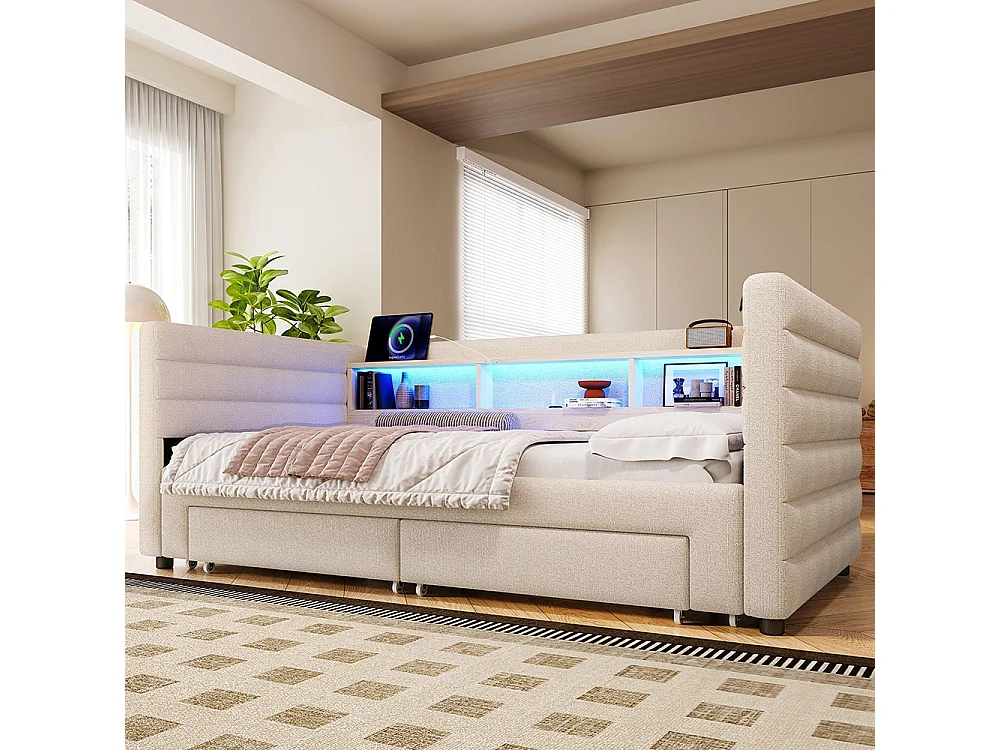 Canapé-lit,90x190cm,avec lit gigogne,ports USB+Type-C,deux tiroirs,compartiments de rangement et bande lumineuse LED,velours,beige
