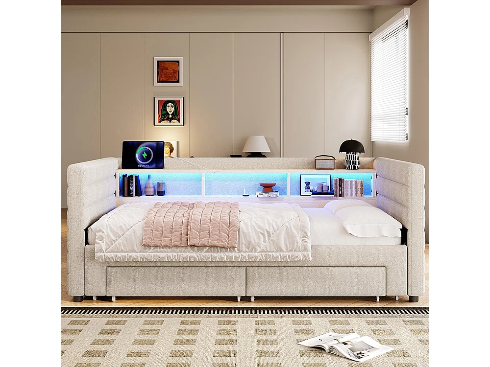 Canapé-lit,90x190cm,avec lit gigogne,ports USB+Type-C,deux tiroirs,compartiments de rangement et bande lumineuse LED,velours,beige