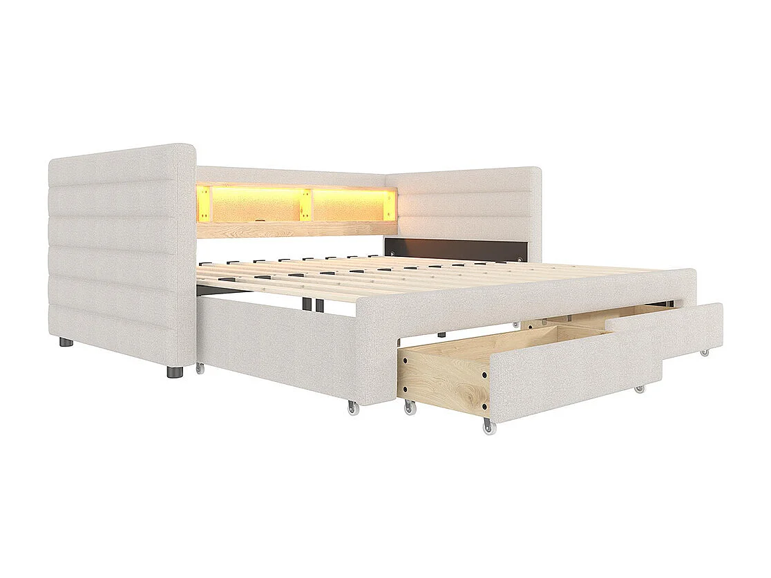 Canapé-lit,90x190cm,avec lit gigogne,ports USB+Type-C,deux tiroirs,compartiments de rangement et bande lumineuse LED,velours,beige