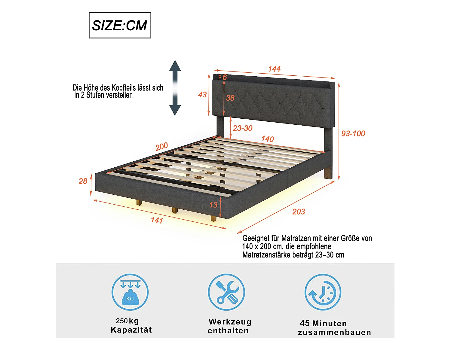 Gestoffeerd bed 140x200cm, tweepersoonsbed met lattenbodem, USB-oplaadpoort en led-lichtstrip, linnen, grijs, matras niet inbegrepen