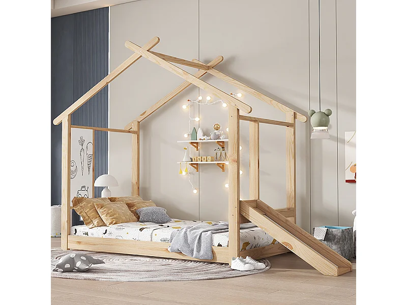 Houten bedden 90x200cm, kinderbed, eenpersoonsbed, met leuke glijbaan, mooi dakontwerp, natuurlijk