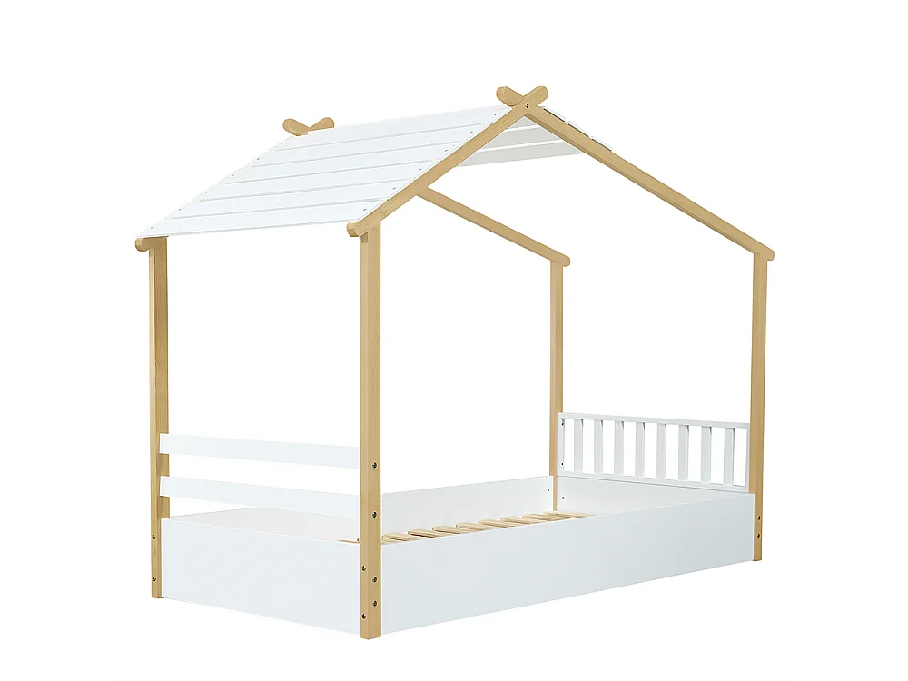 Lits en bois 90x190 cm, lit enfant, lit simple, design maison en bois raffiné, blanc + naturel