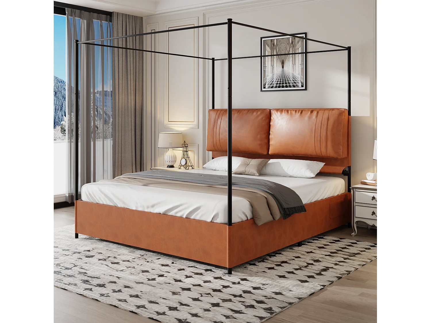 Lit de luxe moderne, 180 x 200 cm, cuir et métal, avec 4 sommiers réversibles