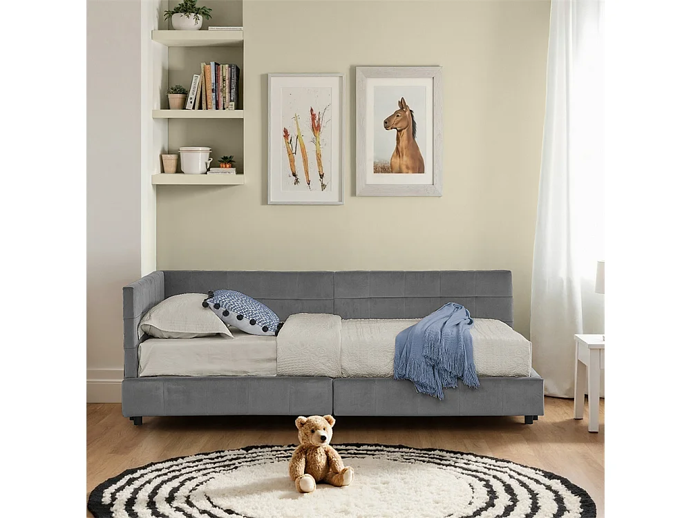 Lit simple 90x200 cm, revêtement en velours doux pour la peau, lit enfant avec dossier haut, gris foncé, sans matelas