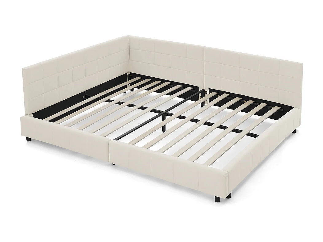 Tweepersoonsbed 160x200 cm met bekleding, L-vormig hoekbedframe, lattenbodem van eucalyptus en ijzer, fluweel, beige, zonder matras