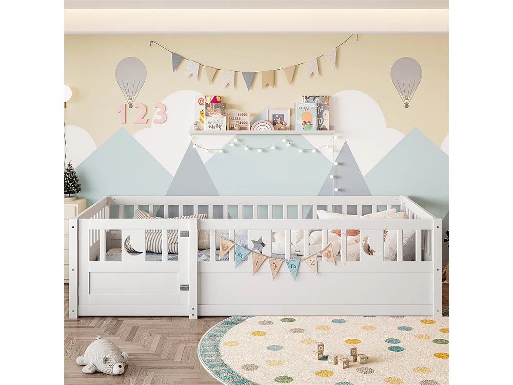 Kinderbed 90x190cm met sterren- en maanversiering, spijlen, wit, zonder matras, zonder lattenbodem