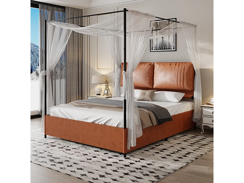 Modern luxe bed, 140 x 200 cm, leer en metaal, met 4 omkeerbare lattenbodems.