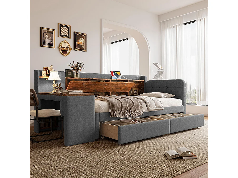 Chaise longue van 90x200 cm, ombouwbaar, met 2 lades, bureau en neerklapbaar opbergvak, grijs