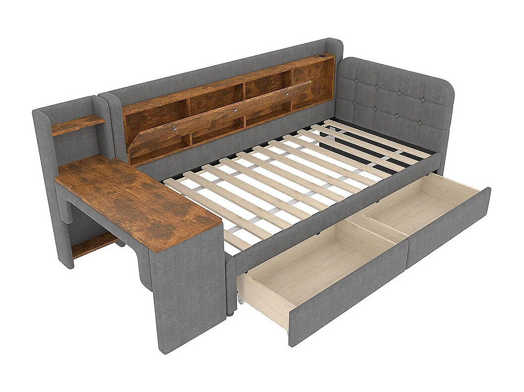 Chaise longue van 90x200 cm, ombouwbaar, met 2 lades, bureau en neerklapbaar opbergvak, grijs