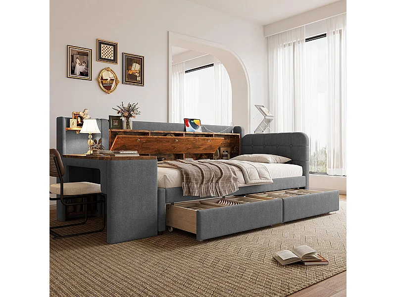 Chaise longue van 90x200 cm, ombouwbaar, met 2 lades, bureau en neerklapbaar opbergvak, grijs