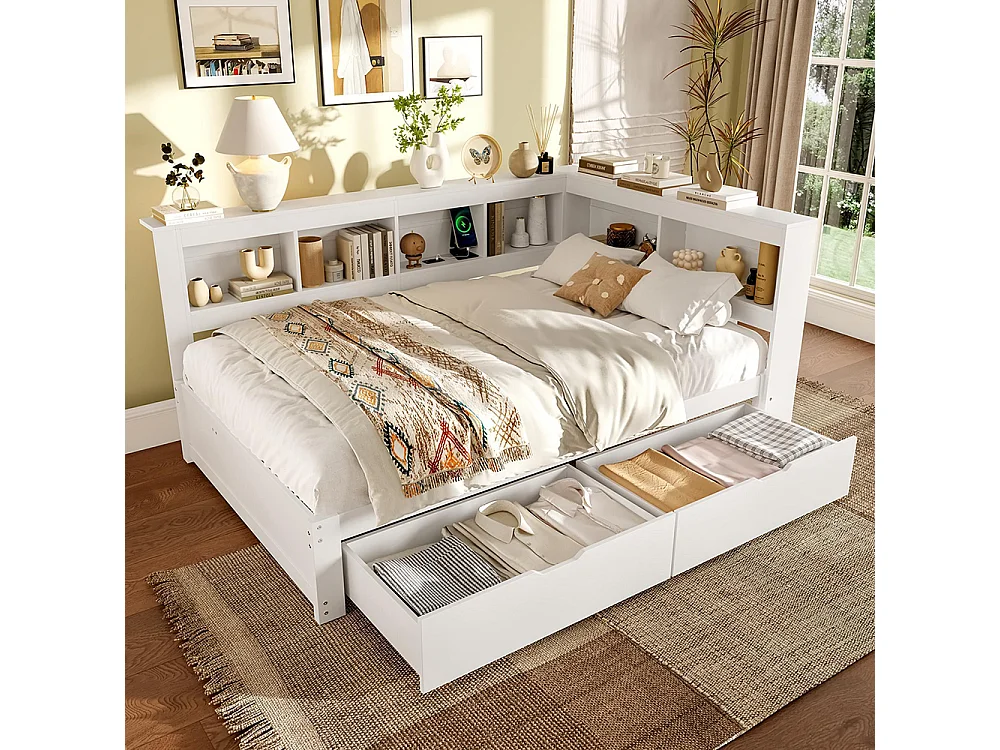 Banquette-lit 140 x 200 cm, canapé-lit, banquette-lit avec deux tiroirs, avec prise de courant et 2 ports USB, blanc