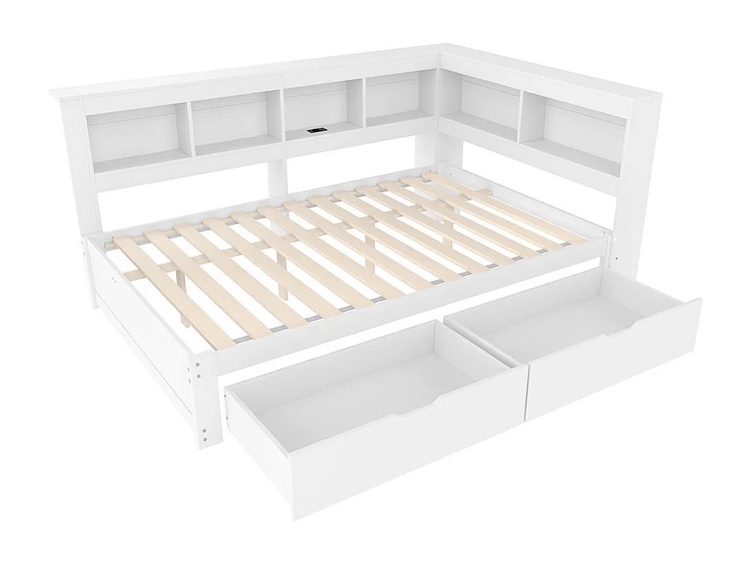 Banquette-lit 140 x 200 cm, canapé-lit, banquette-lit avec deux tiroirs, avec prise de courant et 2 ports USB, blanc