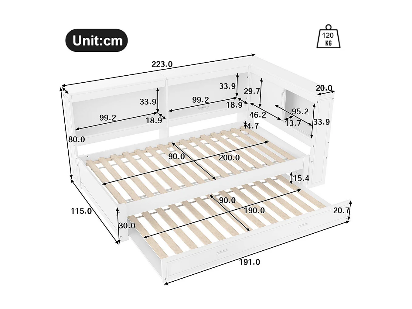 Banquette-lit 90 x 200 cm, canapé-lit gigogne, avec éclairage LED, blanc
