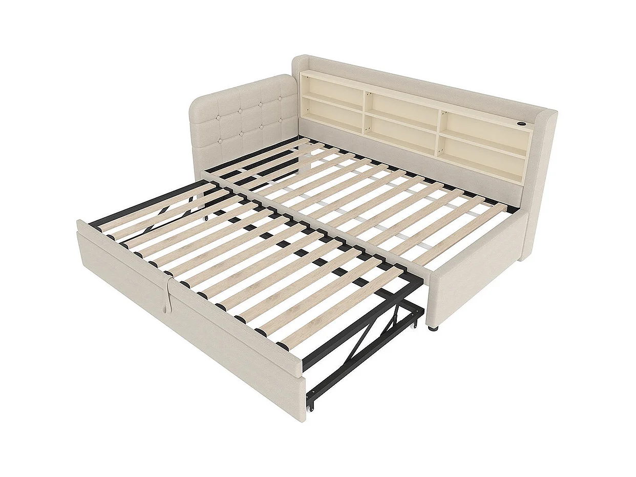 Dagbed van 90 x 200 cm, design slaapbank van 180 x 200 cm, USB + Type C, beige