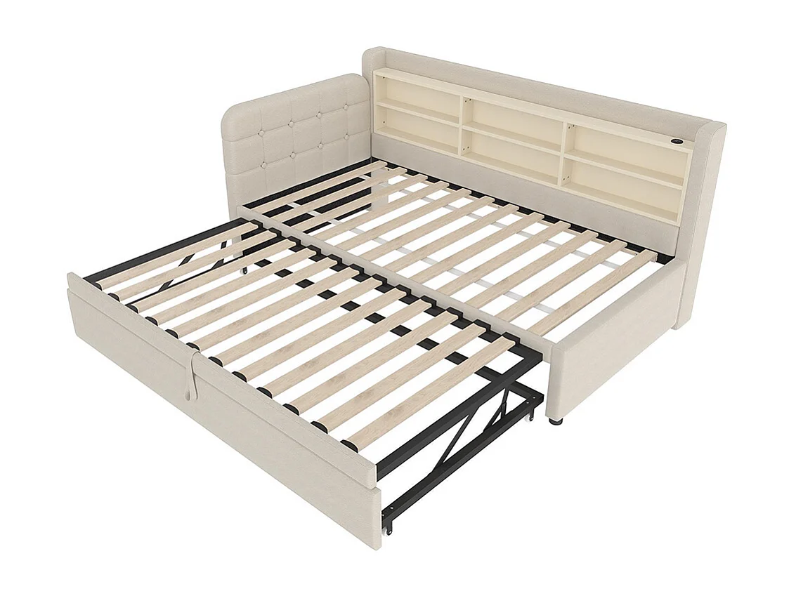 Dagbed van 90 x 200 cm, design slaapbank van 180 x 200 cm, USB + Type C, beige