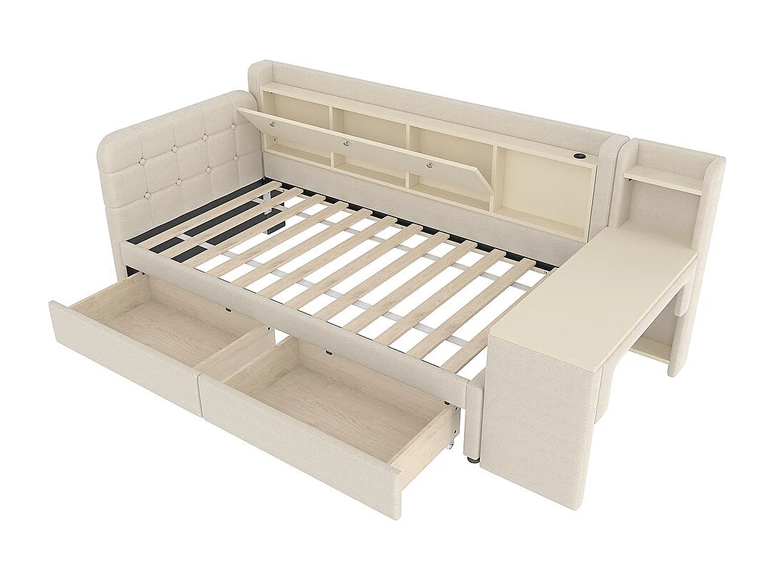 Chaise longue 90x200 cm, omvormbaar, met 2 lades, bureau, neerklapbaar opbergvak, beige