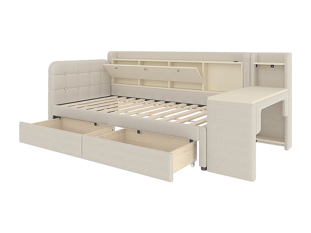 Chaise longue 90x200 cm, omvormbaar, met 2 lades, bureau, neerklapbaar opbergvak, beige