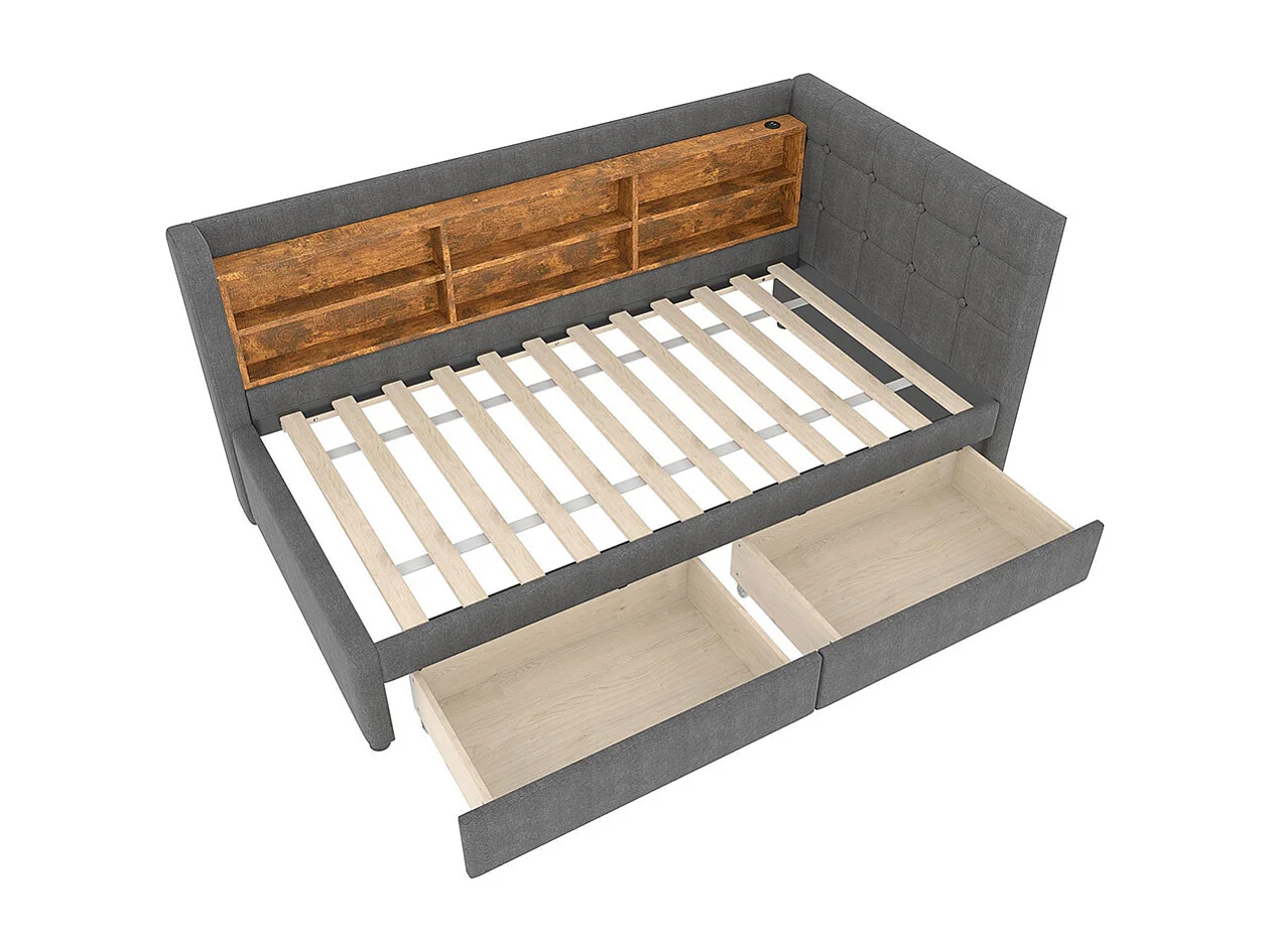 Chaise longue 90x200 cm, slaapbank, met 2 lades, USB + Type C, diverse opbergvakken, zonder matras, grijs