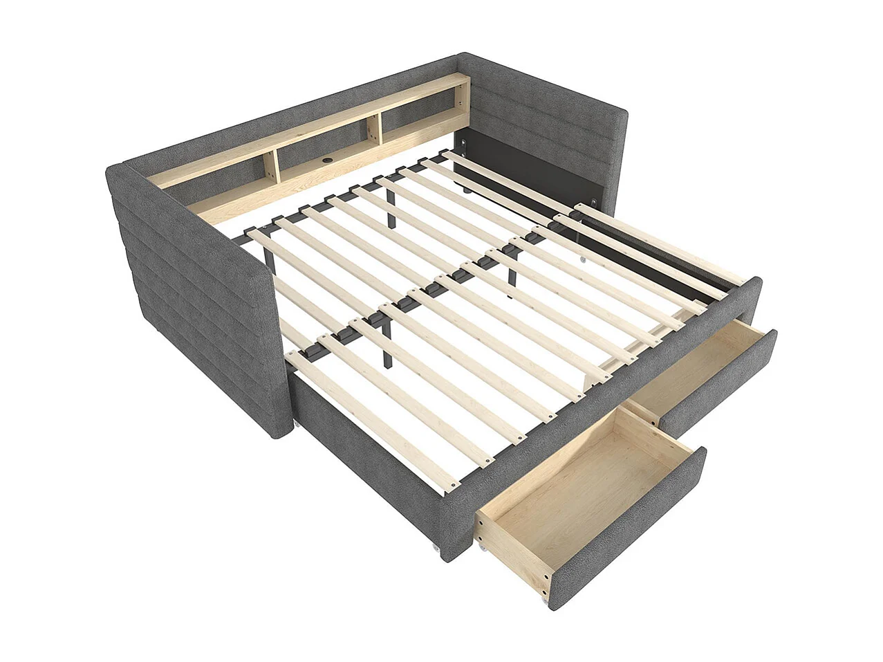 Slaapbank, 90x190cm, met uitschuifbaar bed, USB- en Type-C-poorten, twee lades, opbergvakken en led-lichtstrip, fluweel, grijs