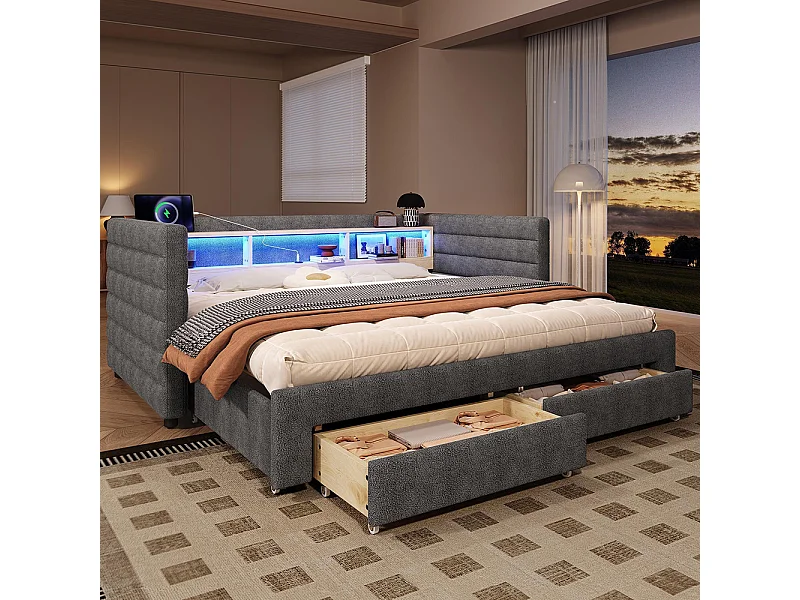 Slaapbank, 90x190cm, met uitschuifbaar bed, USB- en Type-C-poorten, twee lades, opbergvakken en led-lichtstrip, fluweel, grijs
