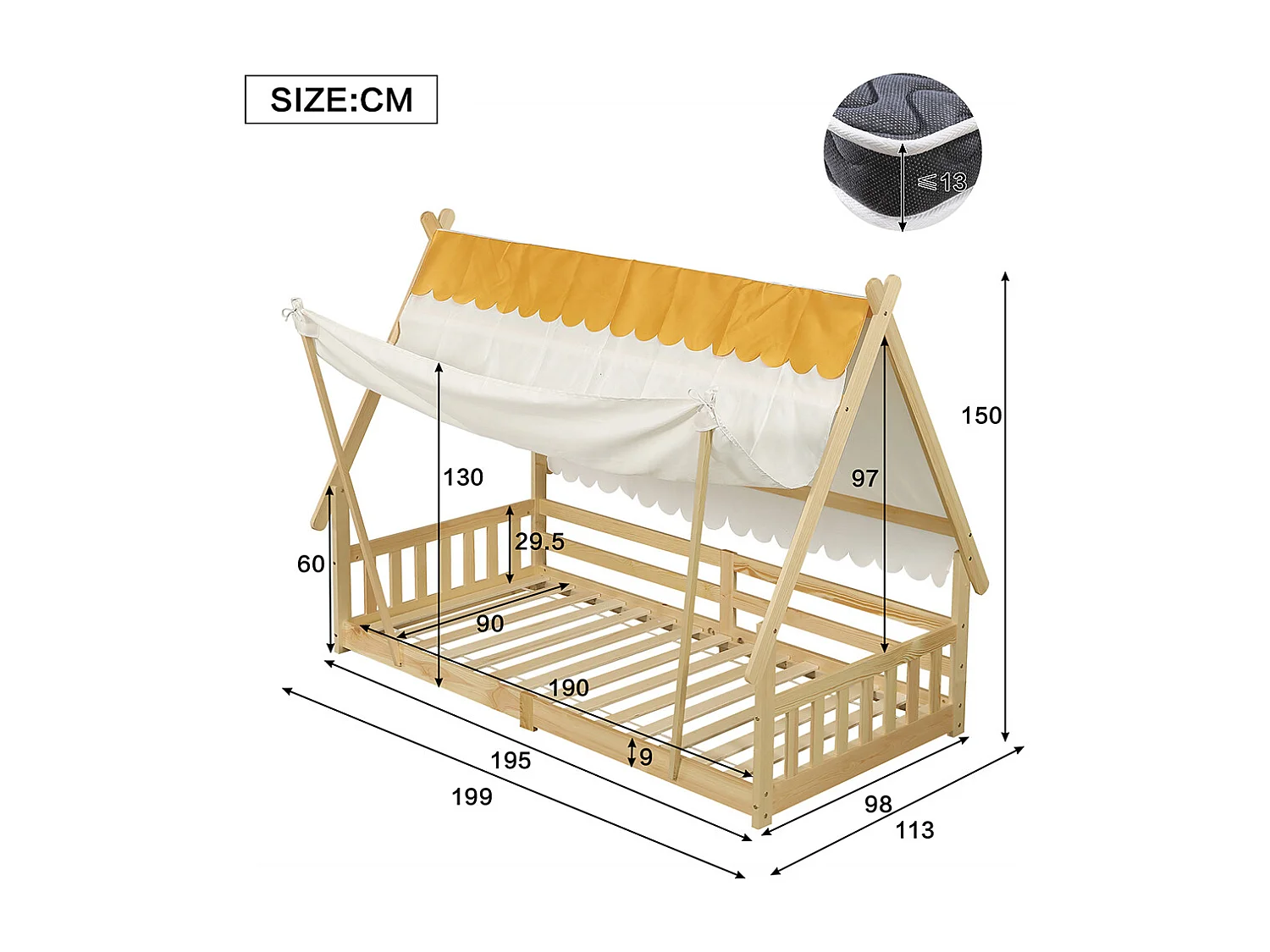 Lits en bois 90x190 cm, lit enfant, lit simple, design de maison en bois exquis, la tente est amovible, naturel