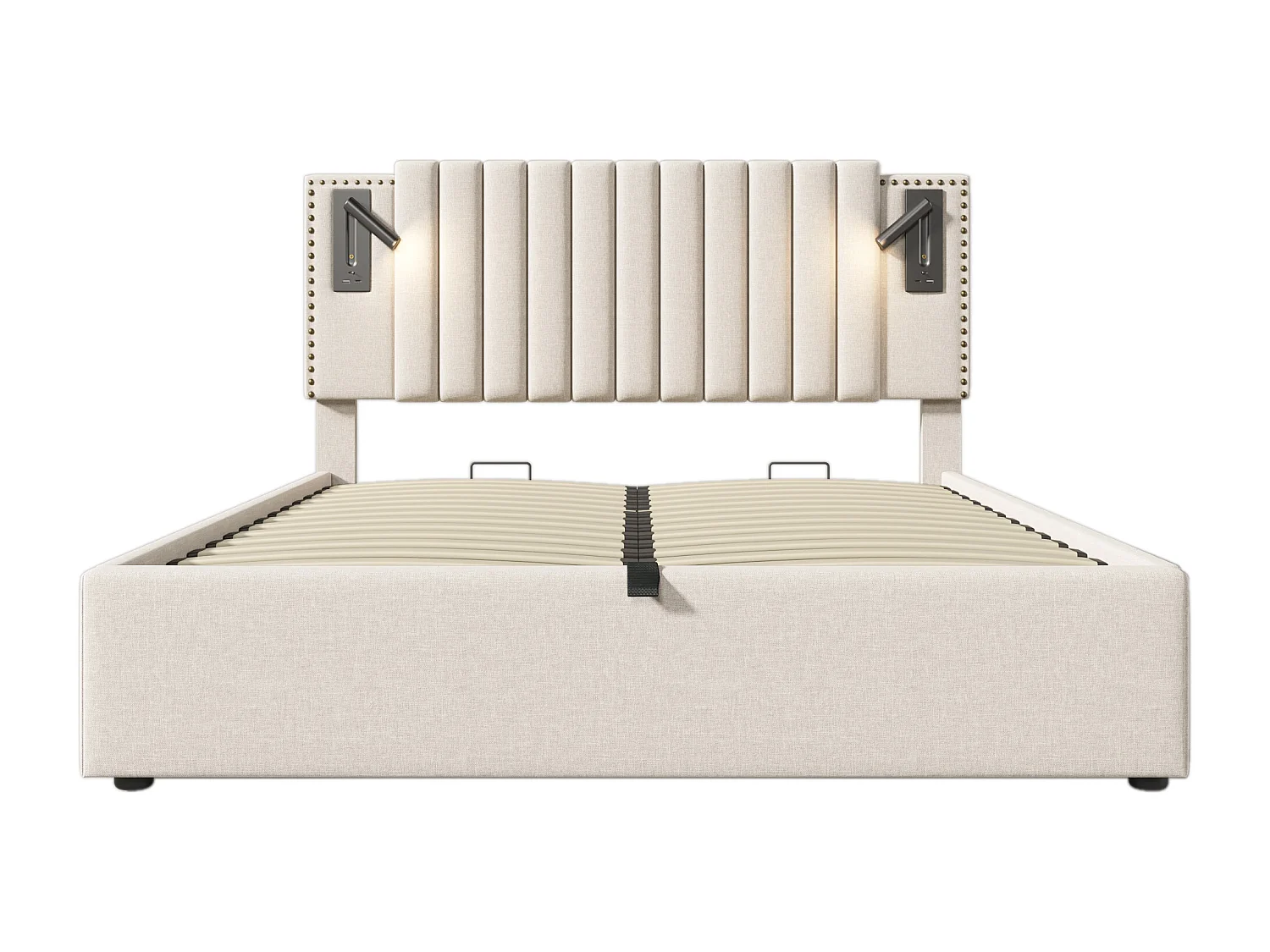 Lit rembourré 160x200cm, lit double, lampe de lecture avec fonction de chargement USB, dossier à motif clouté, beige, avec matelas
