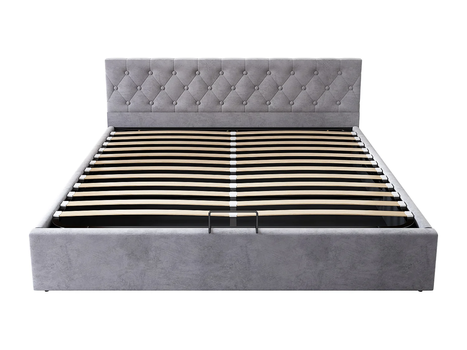 Lit rembourré hydraulique 180x200cm, lit double, avec tête de lit, rangement et sommier à lattes, velours, gris, sans matelas