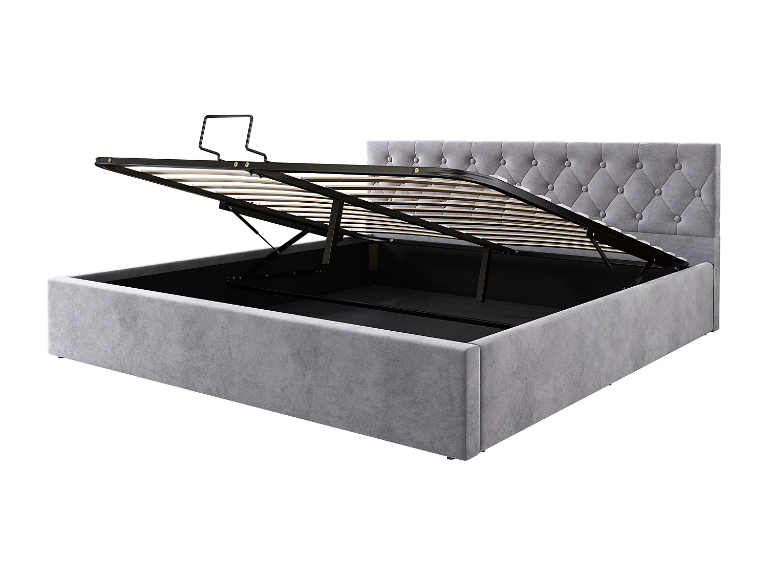 Lit rembourré hydraulique 180x200cm, lit double, avec tête de lit, rangement et sommier à lattes, velours, gris, sans matelas