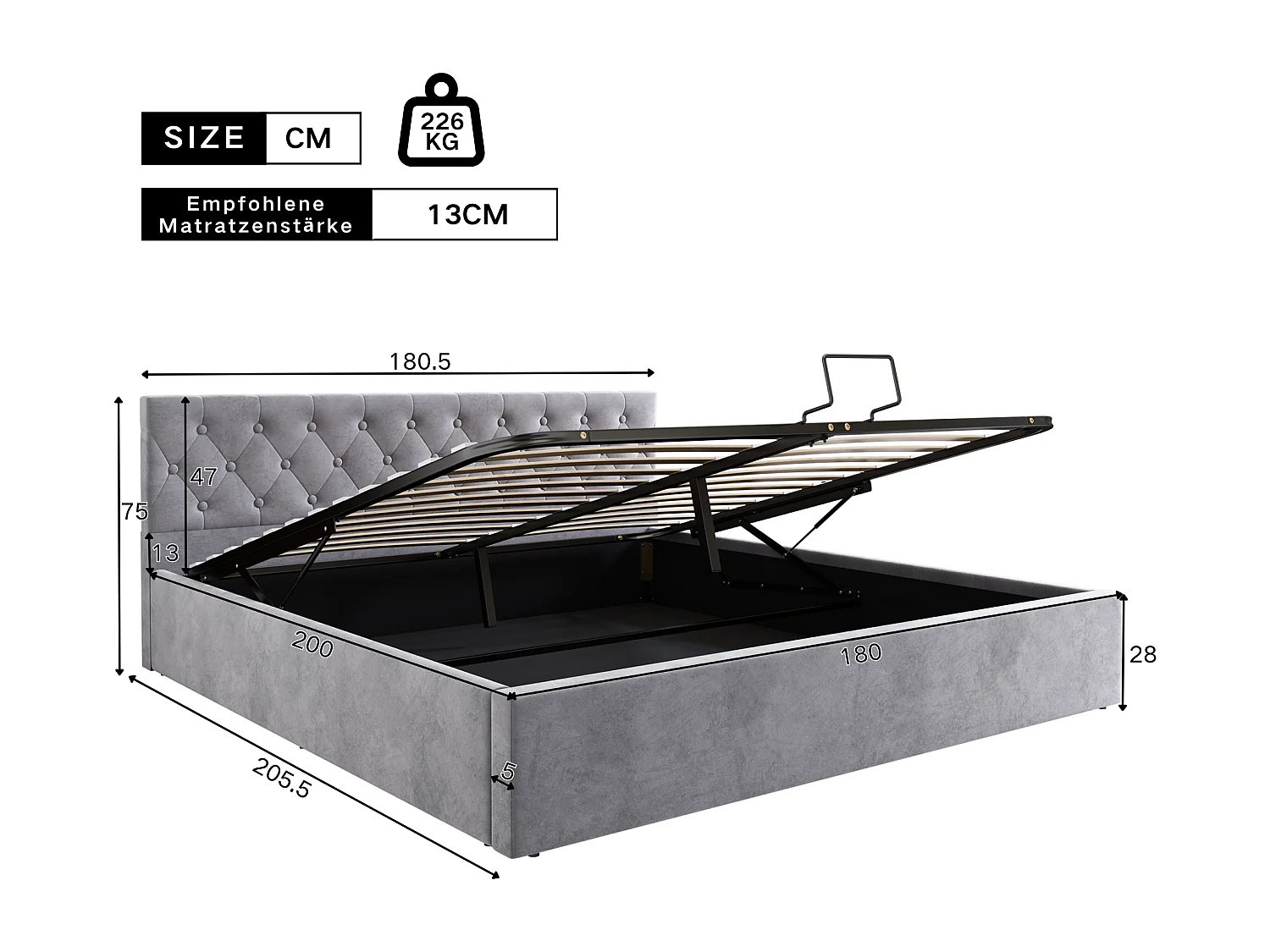 Lit rembourré hydraulique 180x200cm, lit double, avec tête de lit, rangement et sommier à lattes, velours, gris, sans matelas