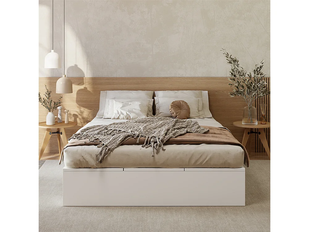 Opbergbed 140x200cm, palletbed, tweepersoonsbed, functioneel bed, massief houten bed, met lades, wit, zonder matras