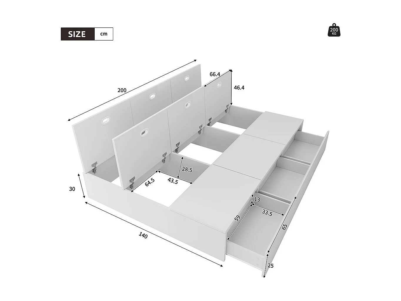 Opbergbed 140x200cm, palletbed, tweepersoonsbed, functioneel bed, massief houten bed, met lades, wit, zonder matras