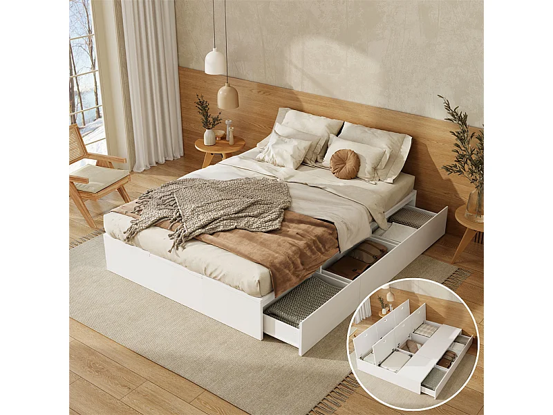 Opbergbed 140x200cm, palletbed, tweepersoonsbed, functioneel bed, massief houten bed, met lades, wit, zonder matras