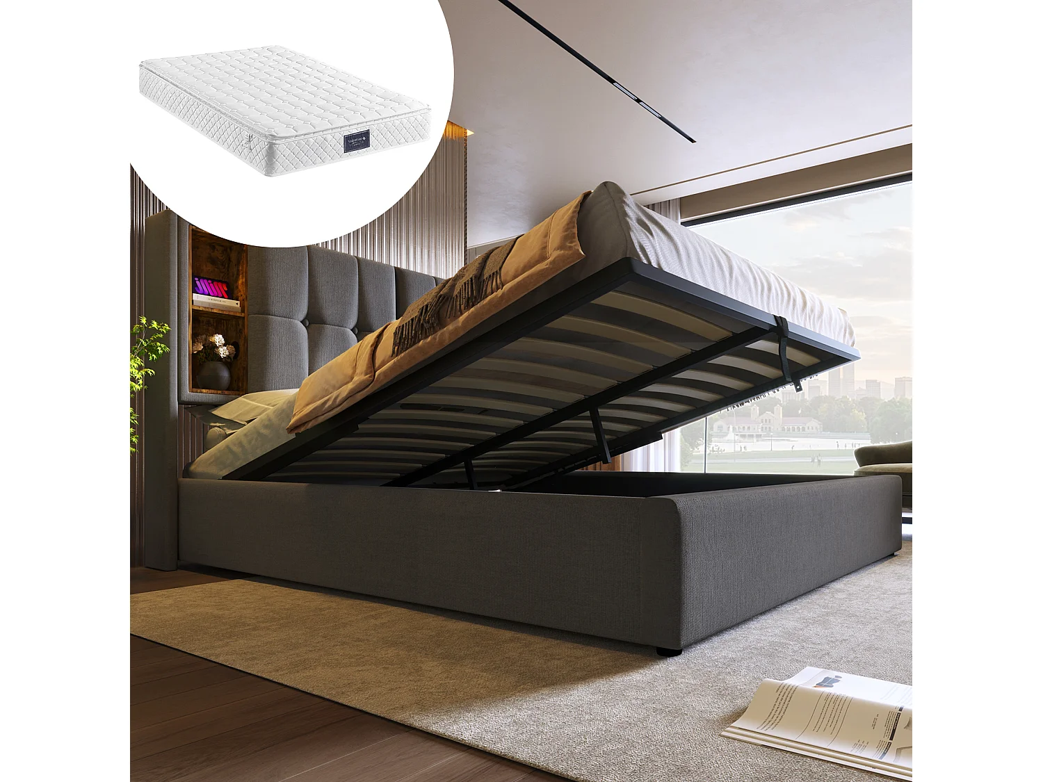 Gestoffeerd bed 160x200cm, tweepersoonsbed, met draadloze USB-C-oplader,opbergruimte en lattenbodem, katoen, grijs, inclusief matras