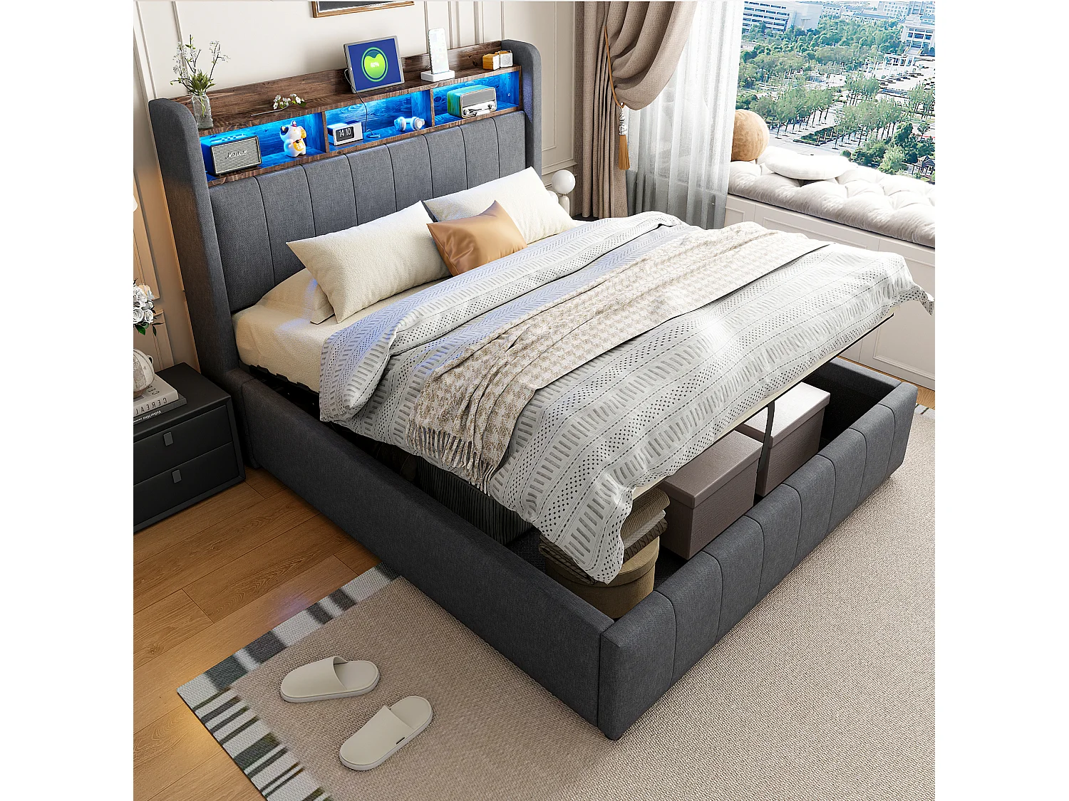 Lit rembourré hydraulique 140x200cm, avec éclairage LED et prise USB, tête de lit avec étagères et rangement, lit double, lin, gris