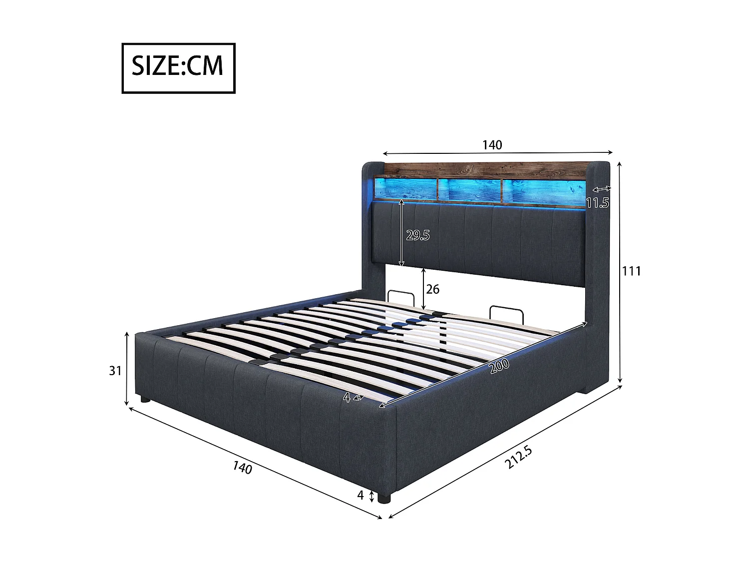 Lit rembourré hydraulique 140x200cm, avec éclairage LED et prise USB, tête de lit avec étagères et rangement, lit double, lin, gris