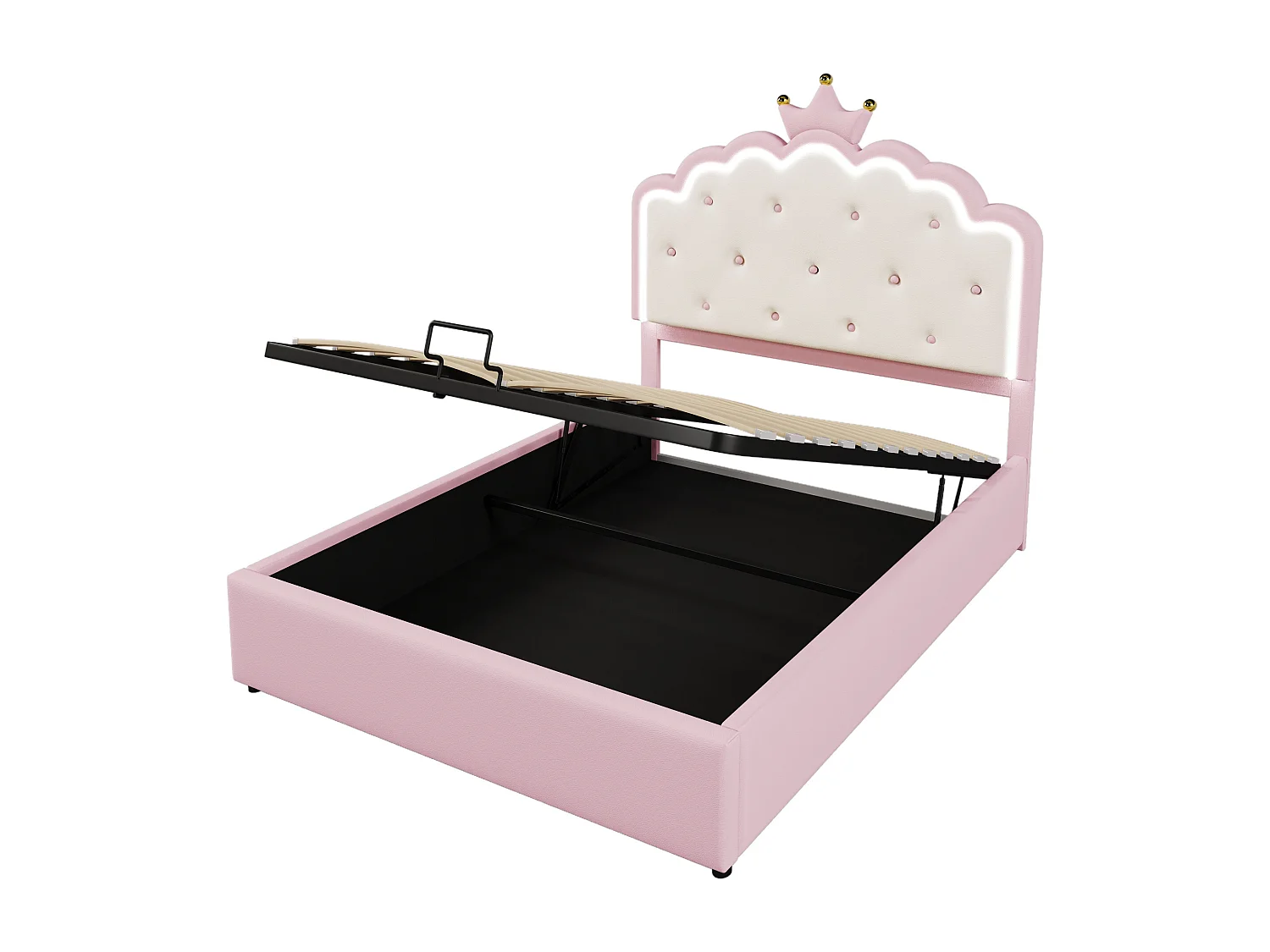 Lit rembourré hydraulique 140x200cm, avec sommier à lattes,éclairage d'ambiance et espace de rangement, PU, rose, sans matelas