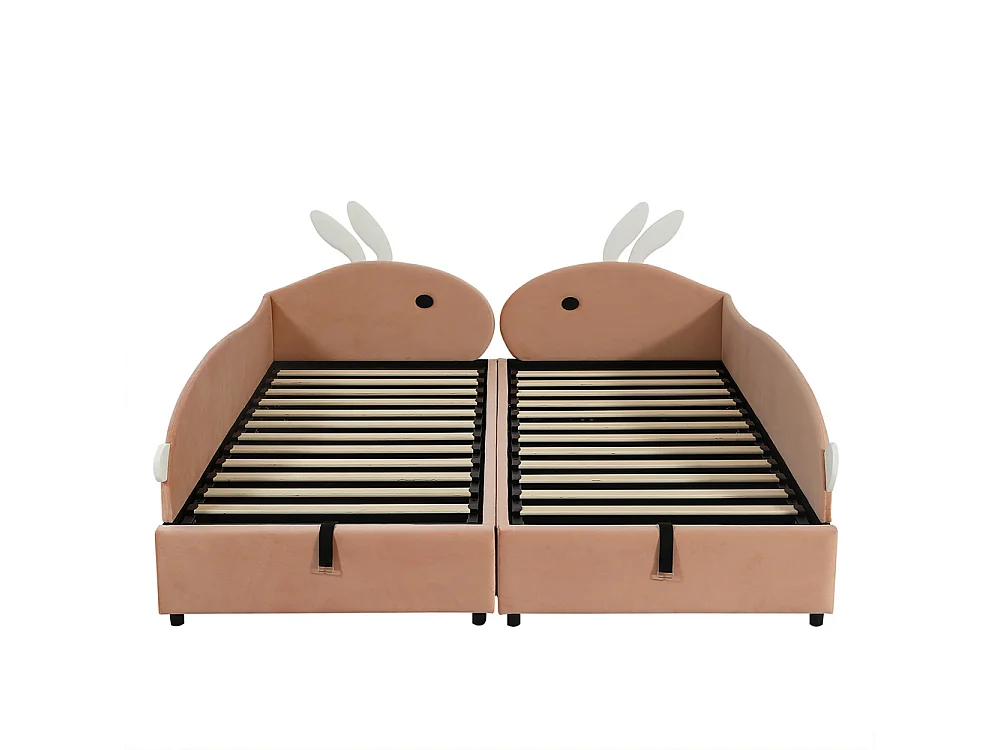 Lit rembourré hydraulique, 90 x 200 cm, lit enfant combiné, tête de lit lapin, barrière souple surélevée, velours, rose et blanc