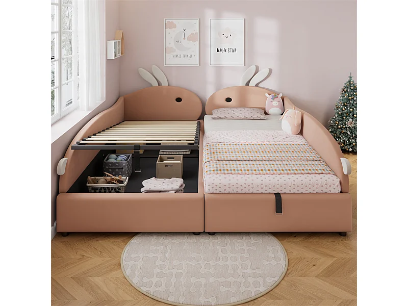 Lit rembourré hydraulique, 90 x 200 cm, lit enfant combiné, tête de lit lapin, barrière souple surélevée, velours, rose et blanc