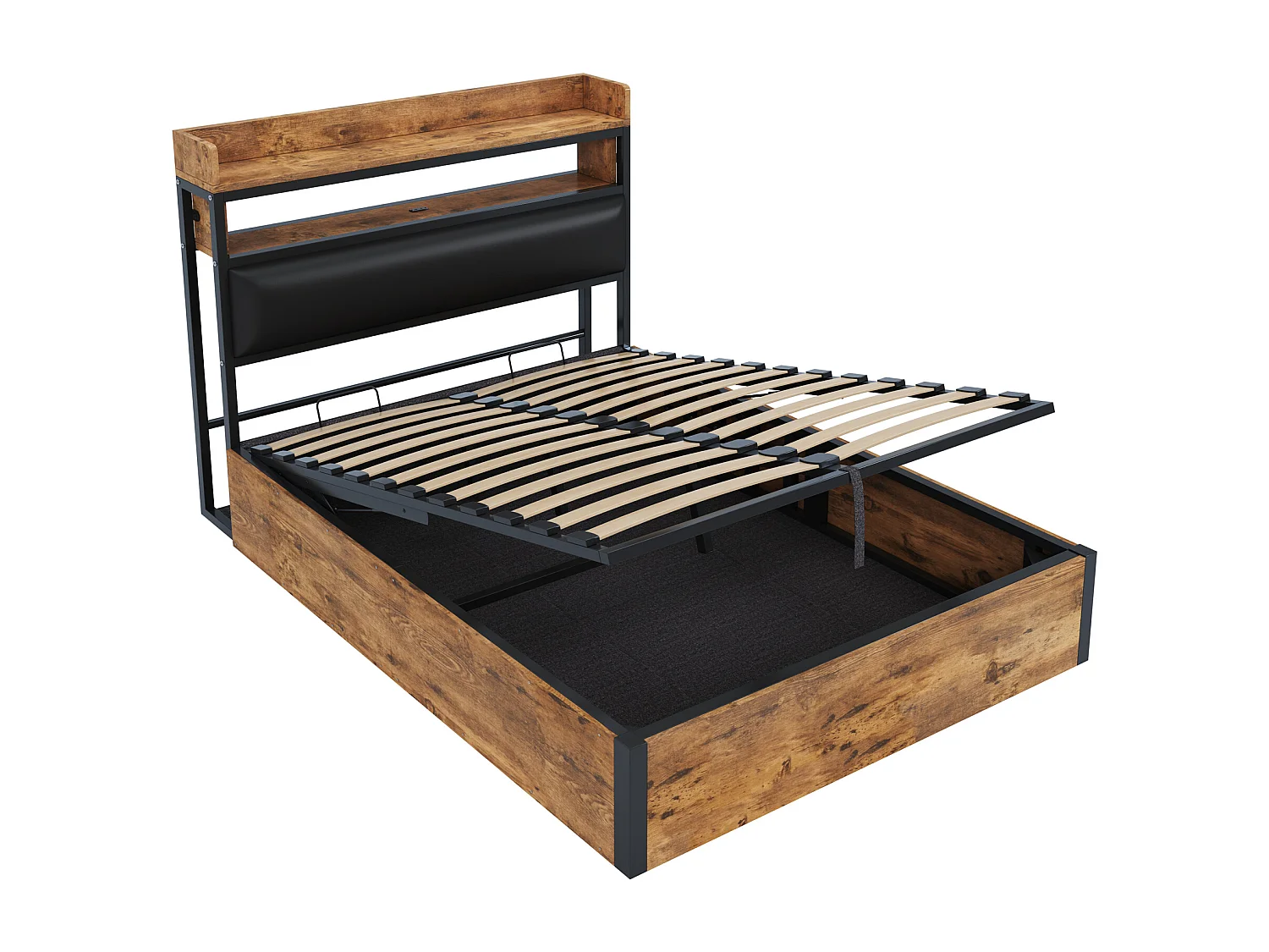 Gestoffeerd bed 140x200cm, tweepersoonsbed met hydraulisch hefmechanisme,USB, hout en metaal, zwart, matras niet inbegrepen
