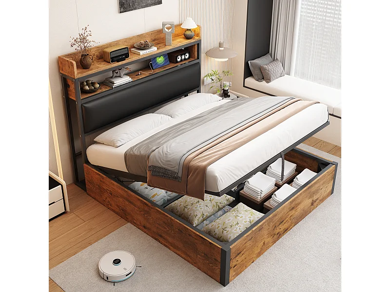 Gestoffeerd bed 140x200cm, tweepersoonsbed met hydraulisch hefmechanisme,USB, hout en metaal, zwart, matras niet inbegrepen