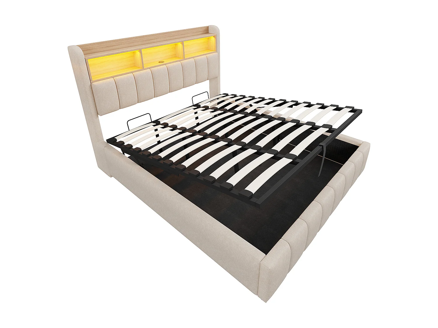 Lit rembourré hydraulique 180x200cm, avec éclairage LED et prise USB, rangement, deux places, tissu lin, beige, sans matelas