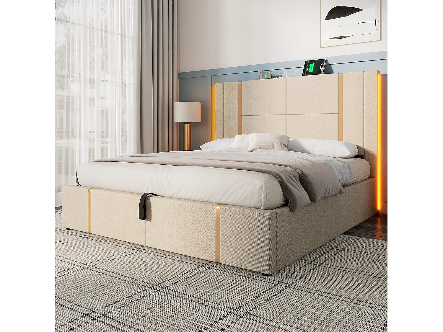 Lit rembourré 160x200cm, lit LED double, fonction de chargement USB Type C, lit coffre, sommier à lattes, lin, beige, matelas inclus