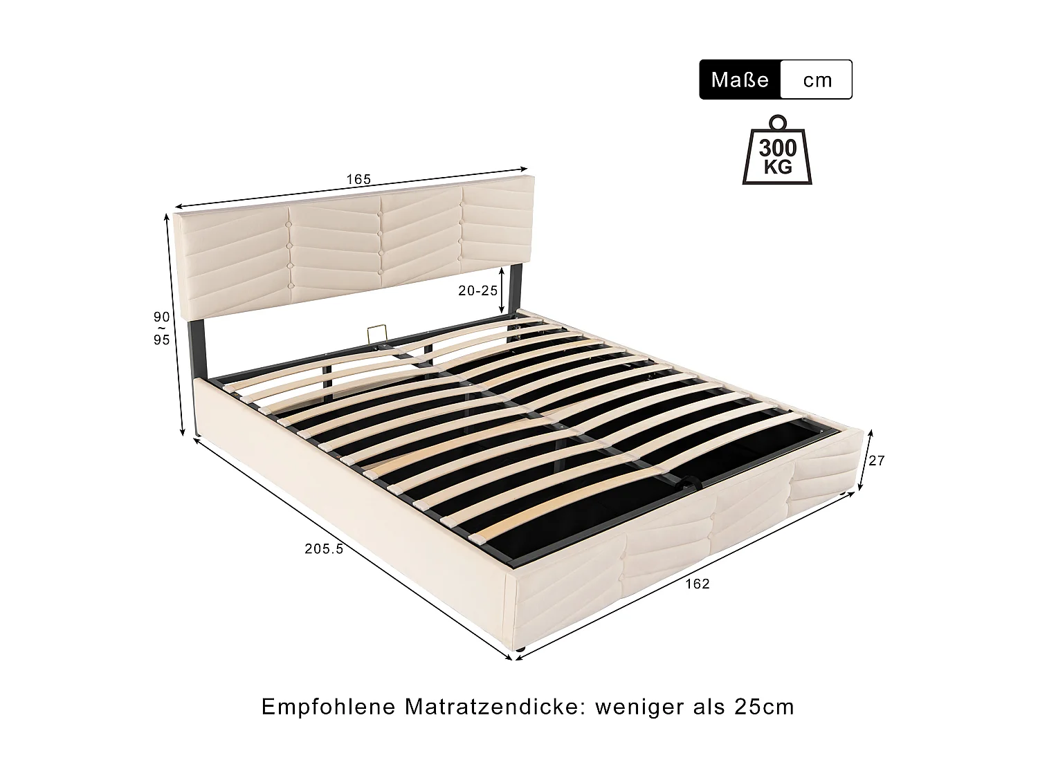 Lit rembourré hydraulique, 160x200cm, lit double, lit continental, tête de lit réglable en hauteur, velours, beige, sans matelas