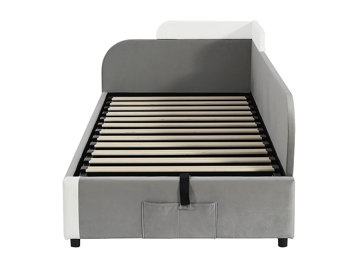 Gestoffeerd bed 90x200cm, Verhoogde zachte bedrand, Opbergvak aan het voeteneinde, Rechter zijpaneel, Grijs