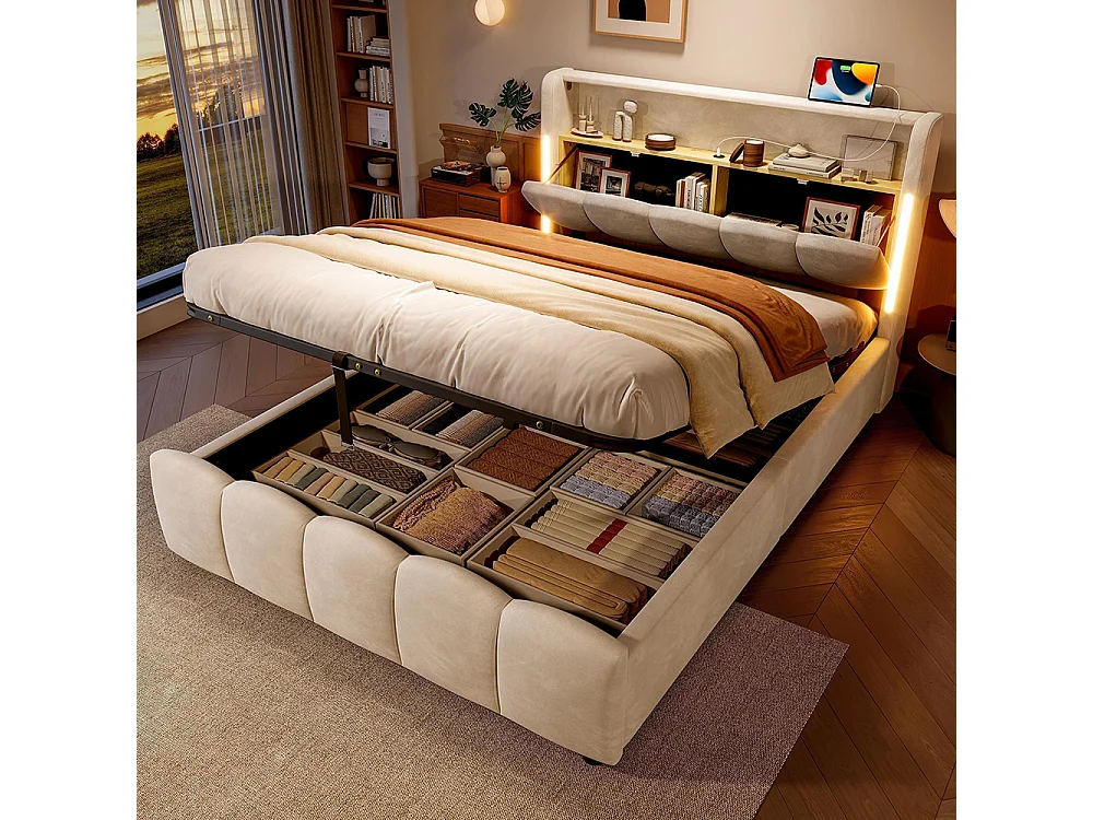 Lit rembourré hydraulique, 140x200cm, avec éclairage LED, lit coffre, ports USB Type-C, velours, beige, sans matelas
